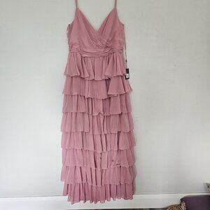 NWT Ieena for Mac Duggal Pink V-Neck Sleeveless Gown with Ruffled Skirt, Size 14